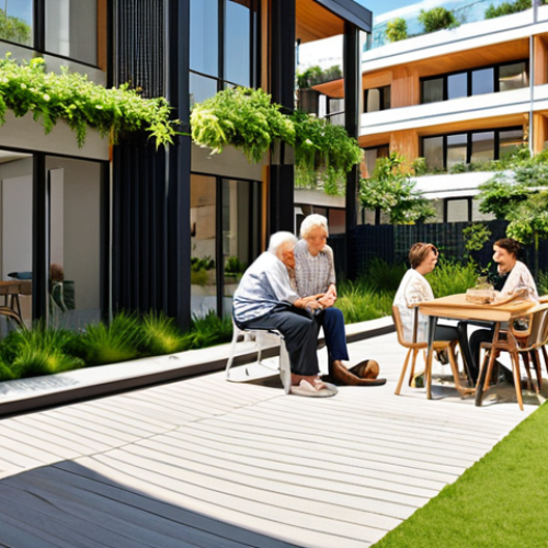 Home 15 **Image Prompt:** A serene, sun-drenched courtyard within a modern residential complex. Grandparents are laughing with children in a lush green garden, while young adults work remotely at stylish outdoor co-working spaces. Focus on architectural details, emphasizing accessibility and flowing movement between generations. Include elements evoking a sense of tranquility, safety, and belonging within the community.
