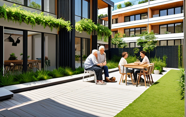 **Image Prompt:** A serene, sun-drenched courtyard within a modern residential complex. Grandparents are laughing with children in a lush green garden, while young adults work remotely at stylish outdoor co-working spaces. Focus on architectural details, emphasizing accessibility and flowing movement between generations. Include elements evoking a sense of tranquility, safety, and belonging within the community.
