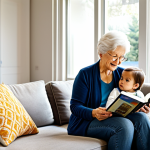 A warm, inviting scene of a multi-generational family interacting in a modern, architect-designed home. An elderly grandmother in modest clothing is comfortably seated, reading in a sunlit living area, while a mother and her young child, both fully clothed in appropriate attire, play nearby in a spacious, open-concept kitchen. Through a large window, a glimpse of an Accessory Dwelling Unit (ADU) in the background suggests independent yet connected living. The image emphasizes harmony, support, and a sense of belonging. Perfect anatomy, correct proportions, natural pose, well-formed hands, proper finger count. Professional photography, high quality, safe for work, appropriate content, fully clothed, family-friendly.