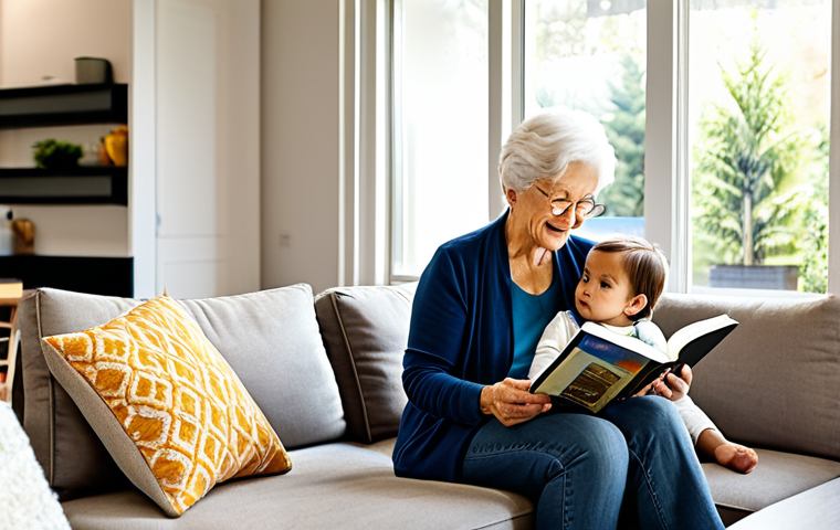 A warm, inviting scene of a multi-generational family interacting in a modern, architect-designed home. An elderly grandmother in modest clothing is comfortably seated, reading in a sunlit living area, while a mother and her young child, both fully clothed in appropriate attire, play nearby in a spacious, open-concept kitchen. Through a large window, a glimpse of an Accessory Dwelling Unit (ADU) in the background suggests independent yet connected living. The image emphasizes harmony, support, and a sense of belonging. Perfect anatomy, correct proportions, natural pose, well-formed hands, proper finger count. Professional photography, high quality, safe for work, appropriate content, fully clothed, family-friendly.