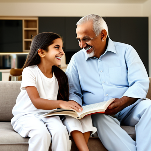 Home 7 A joyful multi-generational Arab family, including grandparents, parents, and children, warmly interacting in a spacious, sunlit open-plan living room of a modern, luxurious multi-generational home. The decor is elegant and contemporary, with comfortable large sofas and subtle smart home integration visible. Family members are laughing and sharing a moment of togetherness, perhaps with the grandfather reading a story to a child. All subjects are fully clothed in modest, contemporary Arabic attire, appropriate for a family setting. Professional photography, high resolution, harmonious scene, perfect anatomy, correct proportions, natural pose, well-formed hands, proper finger count, natural body proportions, safe for work, appropriate content, family-friendly.
