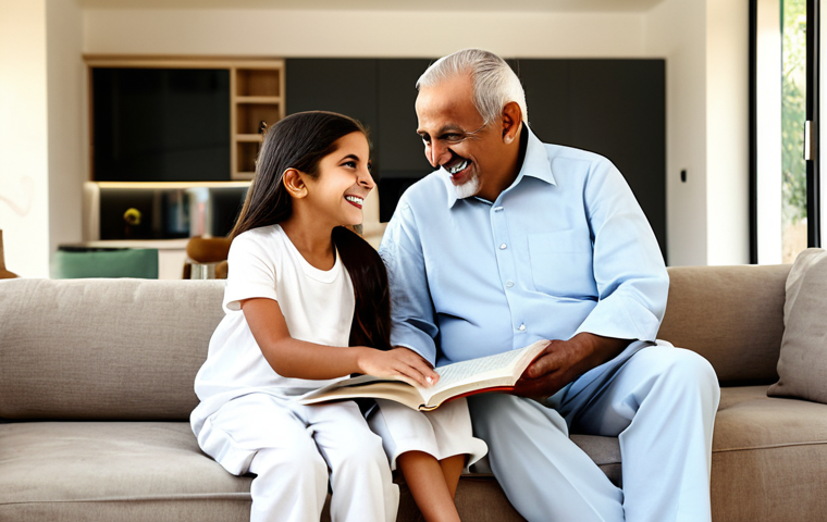 A joyful multi-generational Arab family, including grandparents, parents, and children, warmly interacting in a spacious, sunlit open-plan living room of a modern, luxurious multi-generational home. The decor is elegant and contemporary, with comfortable large sofas and subtle smart home integration visible. Family members are laughing and sharing a moment of togetherness, perhaps with the grandfather reading a story to a child. All subjects are fully clothed in modest, contemporary Arabic attire, appropriate for a family setting. Professional photography, high resolution, harmonious scene, perfect anatomy, correct proportions, natural pose, well-formed hands, proper finger count, natural body proportions, safe for work, appropriate content, family-friendly.