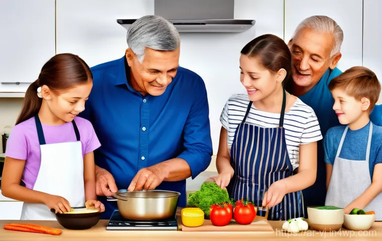 멀티제너레이션 주거의 도전 과제와 해결책 - **Intergenerational activity:** A family cooking session.