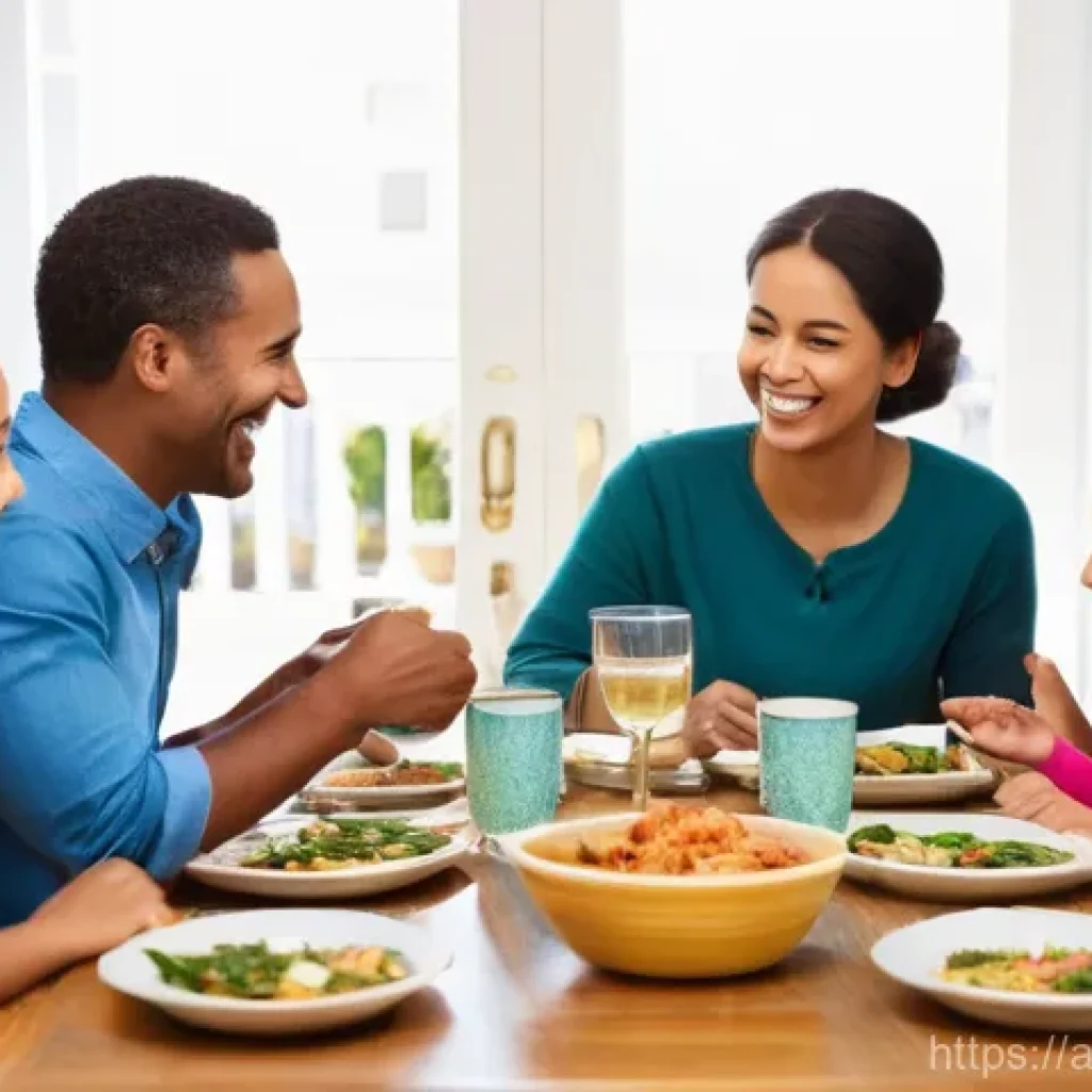 주거 공간에서의 가족 구성원 간 소통 방법 - **Prompt:** A diverse family of four (two parents, a son around 10-12 years old, and a daughter arou...