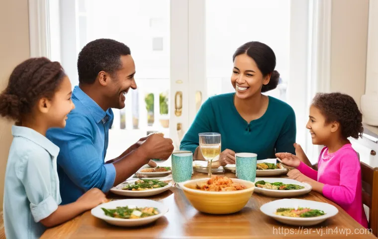 주거 공간에서의 가족 구성원 간 소통 방법 - **Prompt:** A diverse family of four (two parents, a son around 10-12 years old, and a daughter arou...
