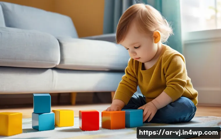 주택 정책 변화가 멀티제너레이션 주거에 미치는 영향 - **Prompt:** "A toddler wearing a diaper is playing with colorful building blocks in a sunlit living ...