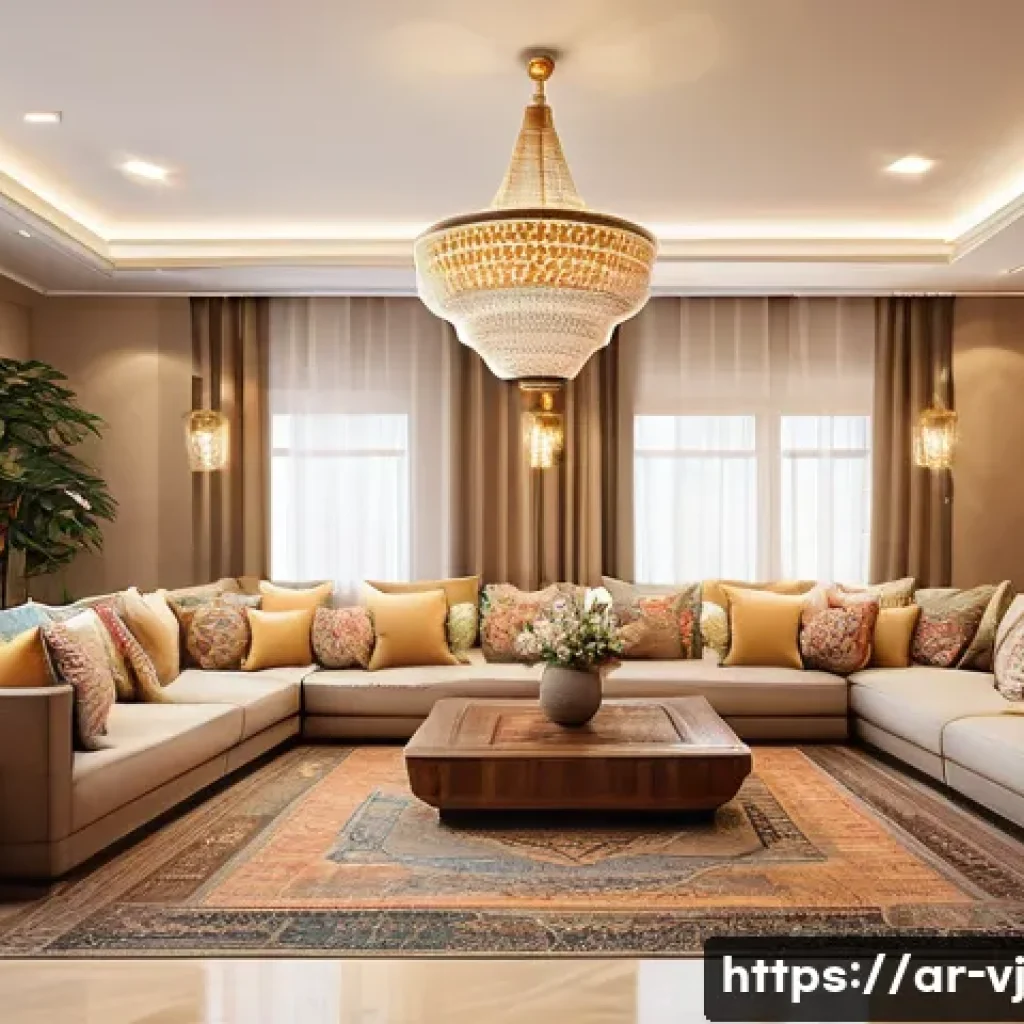 주거 공간에서의 가족 간 상호작용 강화 방안 - A warm and spacious living room designed for an Arab family gathering, featuring large, comfortable ...