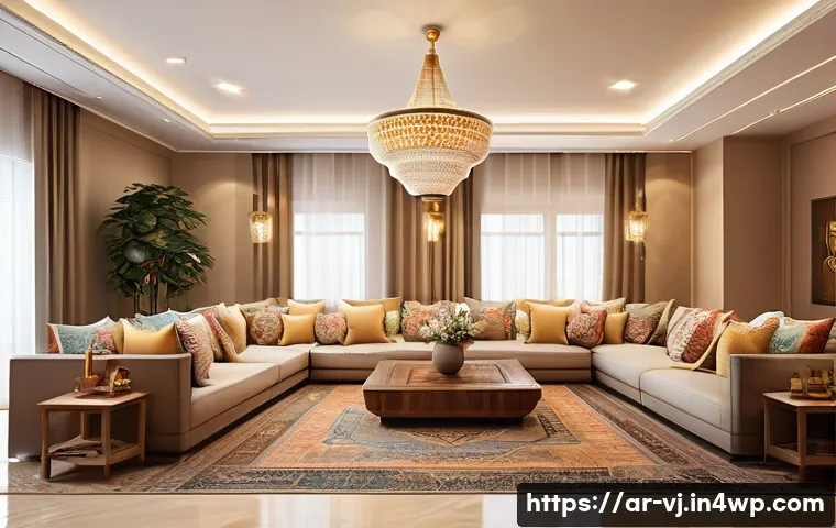 주거 공간에서의 가족 간 상호작용 강화 방안 - A warm and spacious living room designed for an Arab family gathering, featuring large, comfortable ...