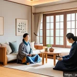 Home 20 한국에서의 멀티제너레이션 주거 현황 - A modern multi-generational Korean family home interior showing three generations living together ha...