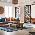 Home 19 멀티제너레이션 주거의 기술적 혁신 사례 - A spacious, modern multi-generational living room in an Arab home, featuring flexible, modular furni...