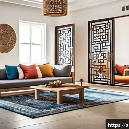 Home 31 멀티제너레이션 주거의 기술적 혁신 사례 - A spacious, modern multi-generational living room in an Arab home, featuring flexible, modular furni...