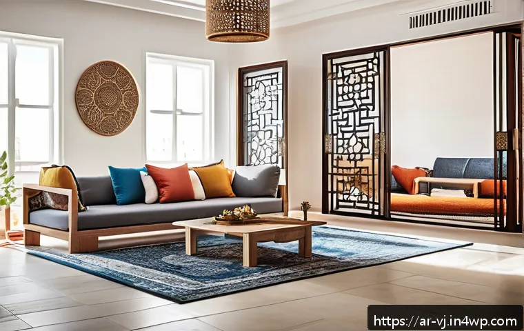 멀티제너레이션 주거의 기술적 혁신 사례 - A spacious, modern multi-generational living room in an Arab home, featuring flexible, modular furni...