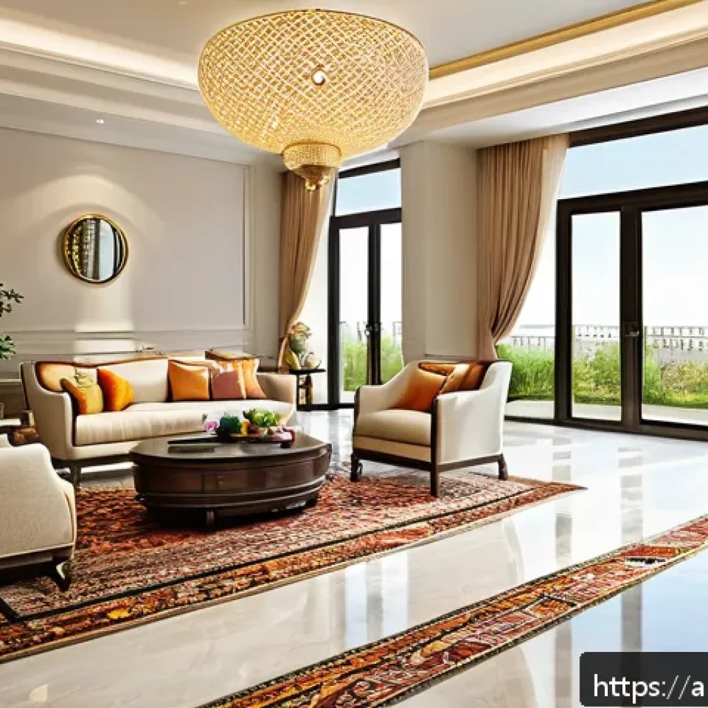 멀티제너레이션 주거를 위한 바닥재 선택 가이드 - A modern multi-generational Arabic family living room featuring elegant porcelain tile flooring with...