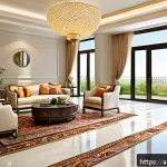 Home 18 멀티제너레이션 주거를 위한 바닥재 선택 가이드 - A modern multi-generational Arabic family living room featuring elegant porcelain tile flooring with...