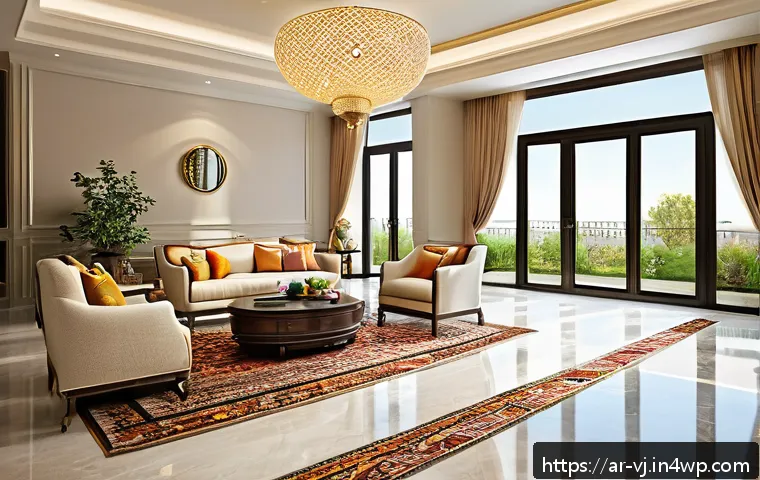 멀티제너레이션 주거를 위한 바닥재 선택 가이드 - A modern multi-generational Arabic family living room featuring elegant porcelain tile flooring with...