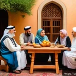 Home 23 멀티제너레이션 주거를 위한 지역사회 네트워킹 - A warm, vibrant family gathering in a traditional Middle Eastern home courtyard during late afternoo...