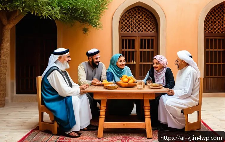 멀티제너레이션 주거를 위한 지역사회 네트워킹 - A warm, vibrant family gathering in a traditional Middle Eastern home courtyard during late afternoo...